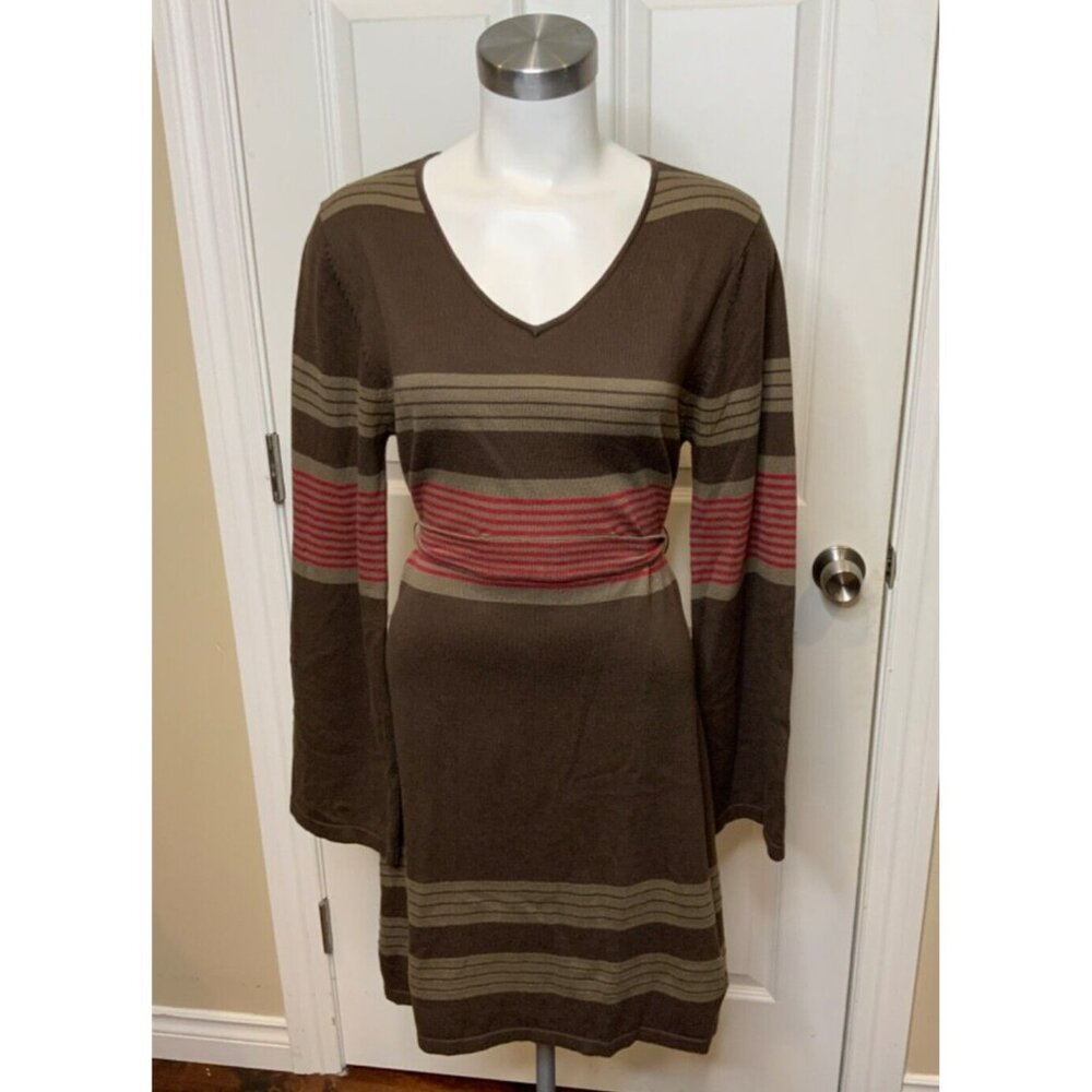 Prana Brown Striped Thin Knit Belted Sweater Dress, Size L